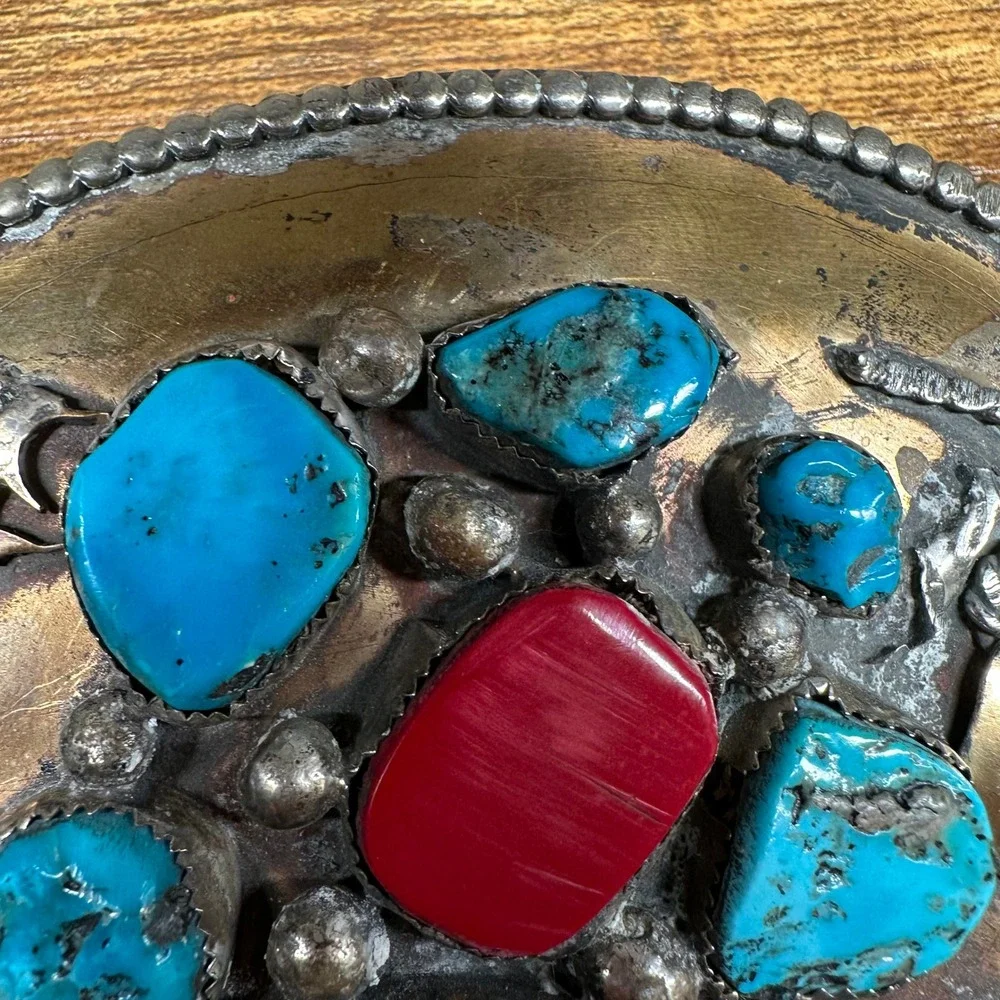 Vintage OE Native American Style Turquoise Red Coral Mixed Metal Belt Buckle